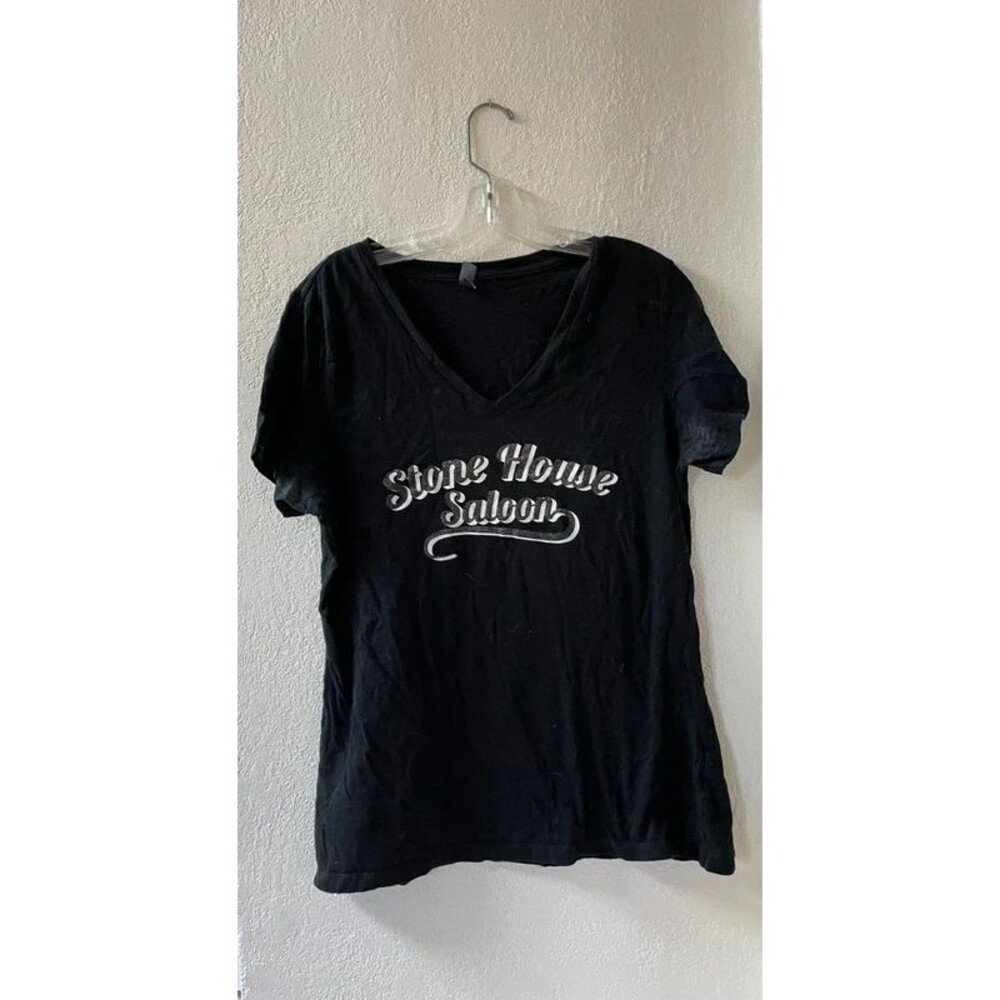 Stone House Saloon Sturgis SD Black V-Neck Graphic T-Shirt Biker Bar Tee Large